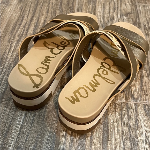 Sam Edelman Ariele Gold Metallic Snake Strappy Platform Slide On Sandals Size 6 - Picture 2 of 12